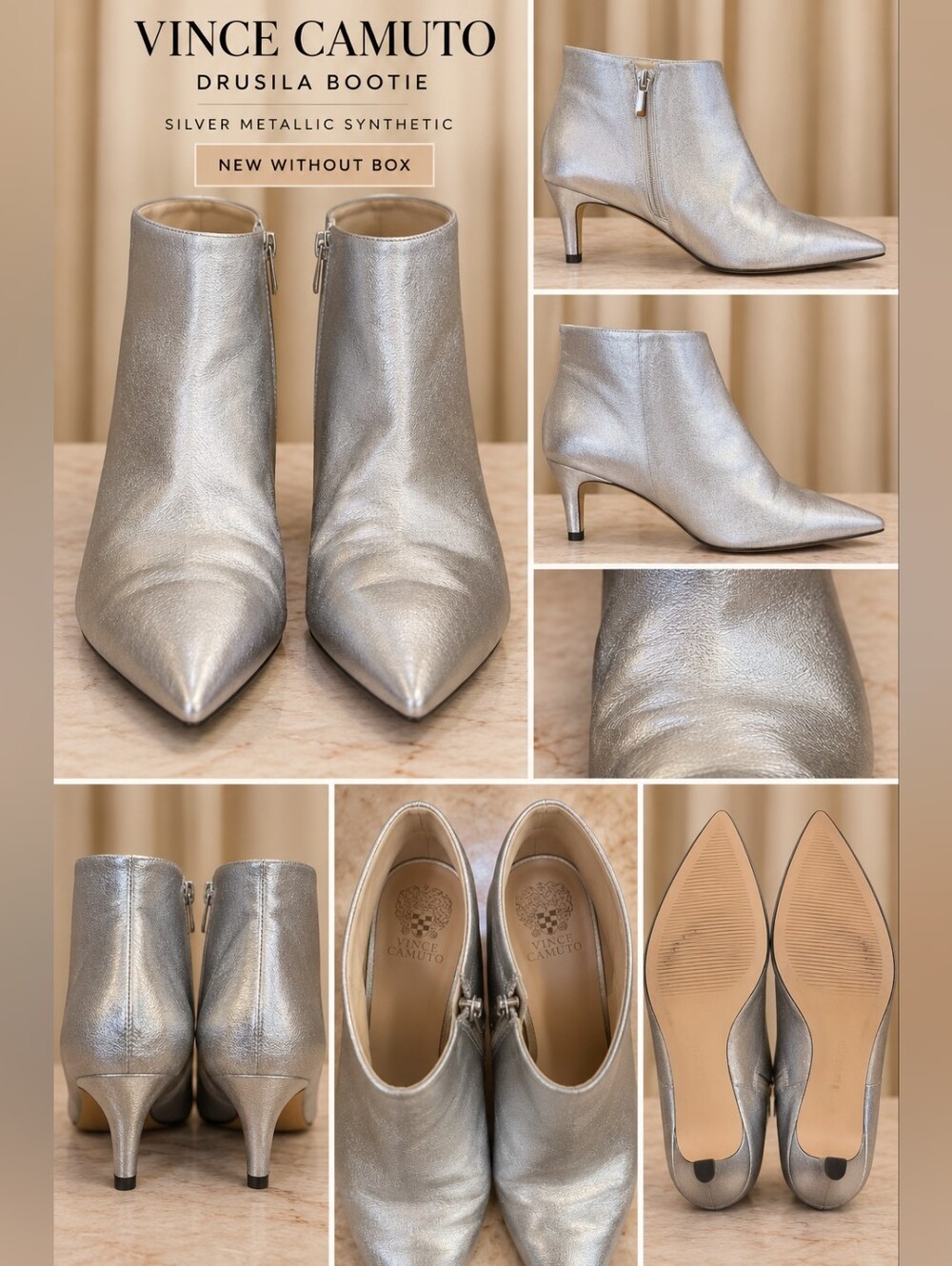 Vince Camuto Silver Metallic Pointed-Toe Ankle Booties - NWOB
